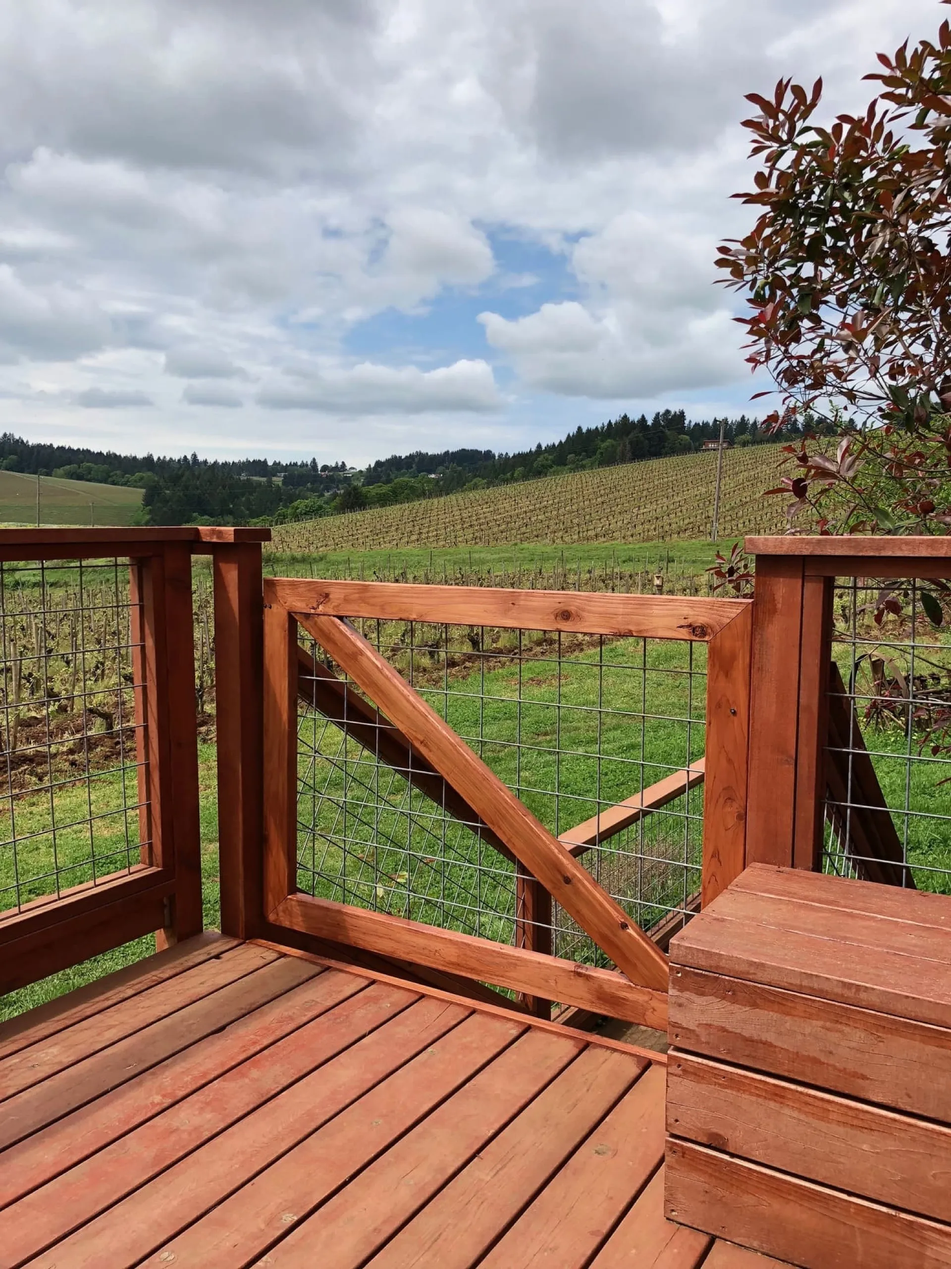 Redwood deck with metal-mesh gate and diagonal brace, overlooking rural farmland and evergreen forest under partly cloudy