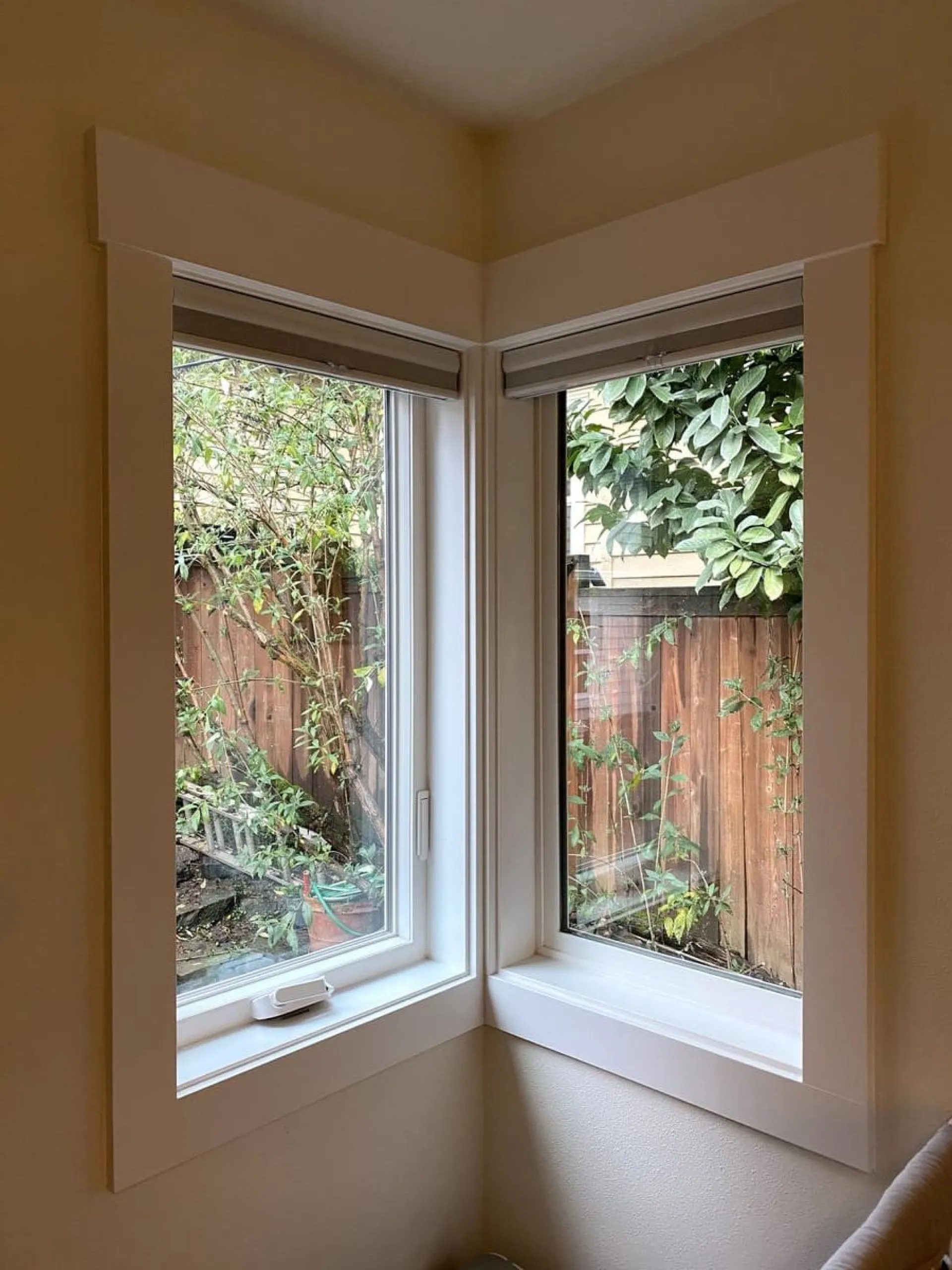 Two white-framed casement windows meeting at an interior corner with tan drywall and white trim, garden visible outside.