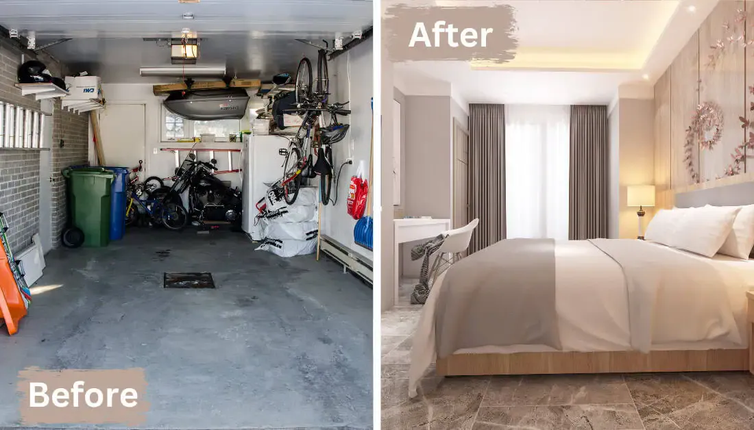 Bedroom with upholstered headboard, white bedding, gray curtains, and warm lighting, converted from garage space.